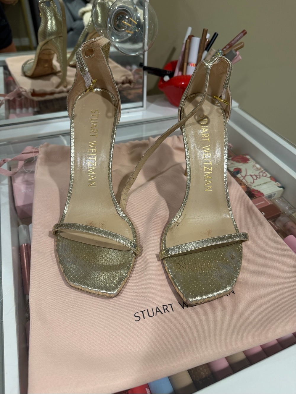 Stuart Weitzman Metallic Gold Snake-Embossed Ankle-Strap Heels